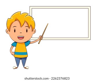 Kid pointing whiteboard, child blank board presentation