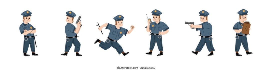 Kid In Policeman Costume With Cap, Baton And Handcuffs. Vector Flat Illustration Of Boy Playing Police Officer With Walkie Talkie, Aiming With Gun And Write Traffic Ticket Isolated On White Background