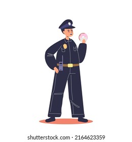 Kid policeman. Small boy child in uniform holding donut work as police officer. Children and different professional occupation concept. Cartoon flat vector illustration