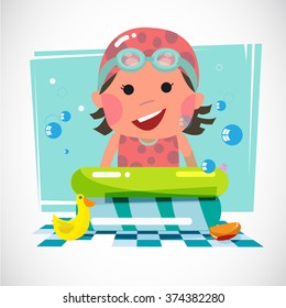 Kid with pool and toy ducks - vector illustration