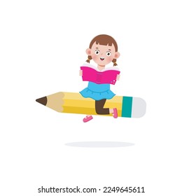 Kid Posing With Pencil Character, Back to school, cartoon Children flying on pencil, kids riding big pencil in the sky, education concept poster vector illustration isolated on background
