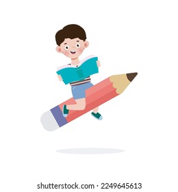 Kid Posing With Pencil Character, Back to school, cartoon Children flying on pencil, kids riding big pencil in the sky, education concept poster vector illustration isolated on background