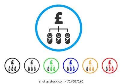 Kid Pound Budget rounded icon. Style is a flat kid pound budget gray symbol inside light blue circle with black, gray, green, blue, red, orange color versions.