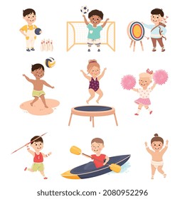 Kid Practicing Different Sport and Physical Activity Like Kayaking and Javelin Throwing Vector Set