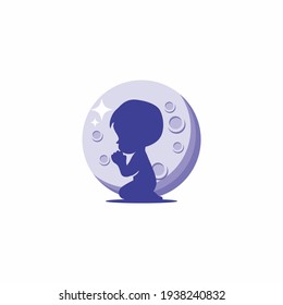 Kid Praying For Dream On The Moon Logo, Emblem, 
Design Concept, Creative Symbol,
