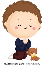 a kid praying with a teddy bear beside him