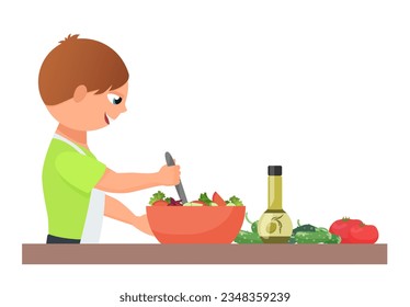 Kid preparing salad. Little boy cooking, child chef at kitchen vector illustration