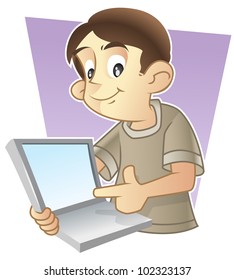 Kid presenting a blank screen laptop, you can put anything on it. a copy space for your product.