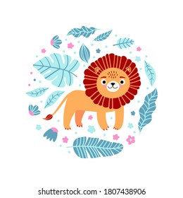 Kid print with lion and leaves in a round shape. Cute pajama design. Childrens background for clothes, T-shirt with print, room interior, invitation card, packaging. Vector illustration