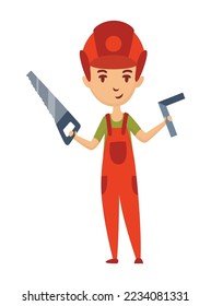 Kid profession builder. Cartoon young person in professional uniform. Cute children occupation vector illustration. Boy character in professions suit