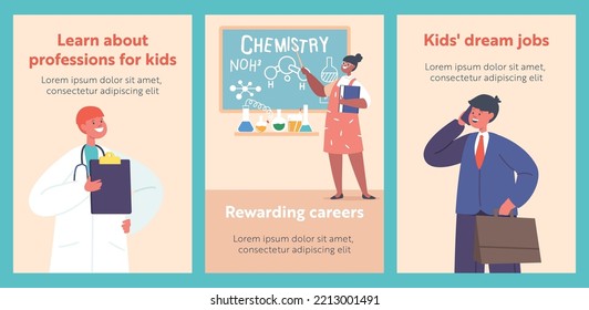 Kid Profession Cartoon Banners. Children Doctor Scientist, Teacher and Businessman Characters. Children Choose Occupation, Playing Role Games, Future Career Concept. Vector Illustration, Posters