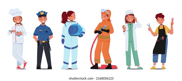 Kid Profession Chef, Policeman, Astronaut, Firefighter and Doctor with Hairdresser Characters. Children Choose Occupation, Playing Role Games, Future Career Concept. Cartoon People Vector Illustration