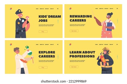 Kid Profession Landing Page Template Set. Policeman, Firefighter, Scientist and Teacher Characters. Children Choose Occupation, Playing Role Games, Future Career Concept. Cartoon Vector Illustration