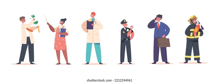 Policía de profesión infantil, bombero y médico con científicos, profesores y personajes de negocios. Los Niños Escogen La Ocupación, Jugar A Rol, El Concepto De Carrera Futura. Ilustración del vector de dibujos animados