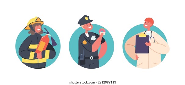 Kid Profession Policeman, Firefighter and Doctor Characters Isolated Round Icons or Avatars. Children Choose Occupation, Job, Playing Role Games, Future Career Concept. Cartoon Vector Illustration