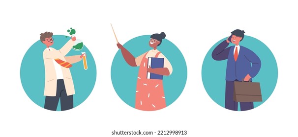 Kid Profession Scientist, Teacher and Businessman Isolated Round Icons or Avatars. Children Characters Choose Future Career Occupation, Playing Role Games, Job Concept. Cartoon Vector Illustration