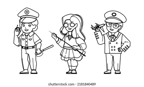 kid profession vector. boy girl child career, future little worker, job costume, teacher pilot police kid profession character. people black line pencil drawing vector illustration