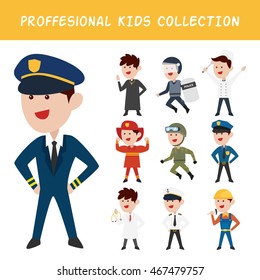 Kid in professions costume. Kid act as a working adult. collection set