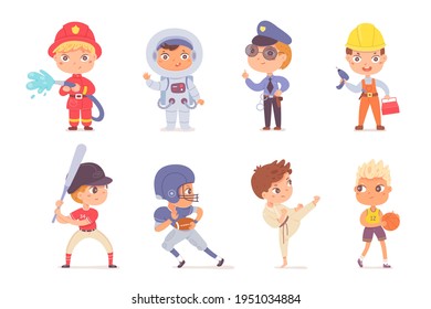 Kid professions set. Boys with professional occupations vector illustration. Children as fireman, astronaut, police, builder, sportsmen: basketball, karate and rugby players on white background.