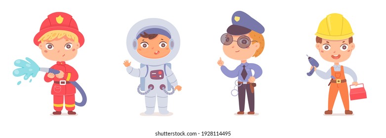 Kid professions set. Cute boys with professional occupations vector illustration. Children as fireman with hose, astronaut in spacesuit, police officer, builder on white background.