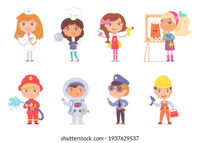 Kid professions set. Cute children with professional occupations vector illustration. Boys and girls as doctor, cook, hairdresser, artist, fireman, astronaut, police, builder on white background.