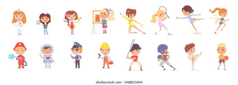 Kid professions and sports set. Boys and girls with occupations vector illustration. Fireman, astronaut, police, builder, nurse, cook, painter, sportsmen: basketball, karate, rugby, gymnastics.