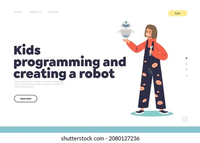 Kid programming and creating robot concept of landing page with girl making on robotics. Small child making robotic technology. Science and development classes. Cartoon flat vector illustration