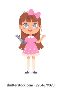 Kid with prosthetic arm, physical disability vector illustration. Cartoon isolated cute disabled girl in pink dress and bow standing, modern prosthesis for child without hand after amputation