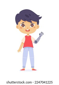 Kid with prosthetic arm, physical disability vector illustration. Cartoon isolated cute disabled boy standing, modern prosthesis for child without hand after amputation.