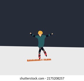 Kid with protective gear on rollers skates in summer park between training cones. Enjoying speed and smiles.