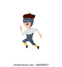 Kid in proud pose wearing superhero outfit running.