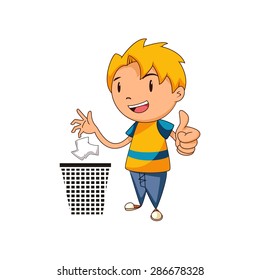 Kid putting trash in its place, vector illustration