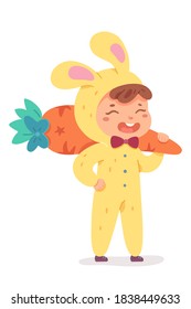 Kid in rabbit costume for Christmas winter party. Cute happy child wearing funny xmas suit vector illustration. Boy dressed as rabbit with carrot toy, smiling on white background.