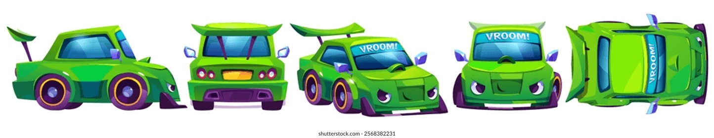 Kid race car cartoon character set with cute green vehicle shown from different angles - front, back, side and top views. Children sport automobile with expressive headlights and bright vroom text.