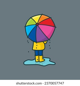 Kid with rainbow colored umbrella standing in puddle vector illustration for National Umbrella Day on February 10