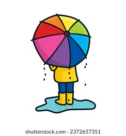 Kid with rainbow colored umbrella standing in puddle isolated vector illustration for National Umbrella Day on February 10