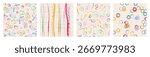 Kid rainbow school seamless patterns set with colorful doodles - cheerful animals faces and hearts, bright striped lines and circles. Playful swirls and scribbles for children educational decor.