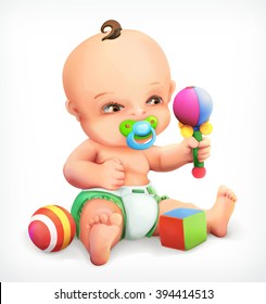 Kid with a rattle, baby with pacifier, an infant in nappies, a little boy exploring his toys are maraca, vector icon