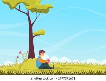 the kid read a book sit on the ground with nature background , boy read a book, a child read a book.