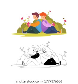 the kid read a book sit on the ground with hes friend, vector and outline vector with white background, boy read a book, a child read a book.