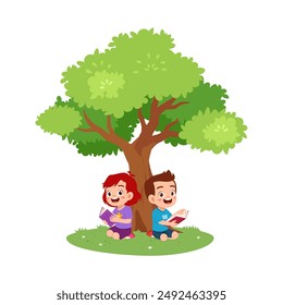 kid read book under tree and feel happy