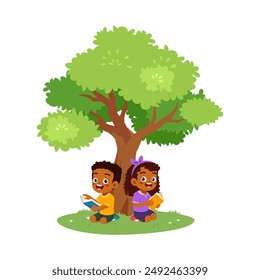 kid read book under tree and feel happy