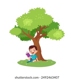 niño leer libro bajo el árbol y sentirse feliz