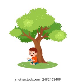 Kinder lesen Buch unter Baum und fühlen sich glücklich