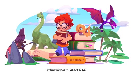 Kid read open magic fairy tale book about adventure. School library storybook for dinosaur and environment education. Ancient legend and boy imagination landscape concept. Knight man in fairytale