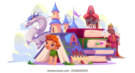 Kid read open tale book with magic story cartoon. Fantasy school storybook about castle, knight and king. Medieval legend about dragon for boy isolated graphic design. Child imagination with creature