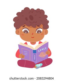 Kid reading book about outer space and planet from library vector illustration. Cartoon boy sitting with open book to read interesting literature isolated on white. Education, astronomy concept