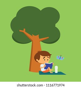 Kid reading a book by a tree. Vector illustration. Separate vectors on green background.