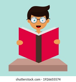a kid reading book cartoon of vector illustration