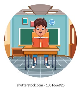 Kid reading book in classroom